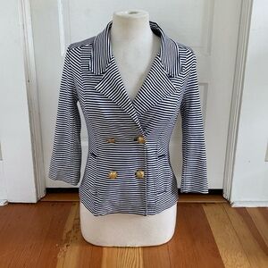 CAbi 3/4 Sleeve‎ Double Breasted Navy Blue White Striped Knit Blazer Small